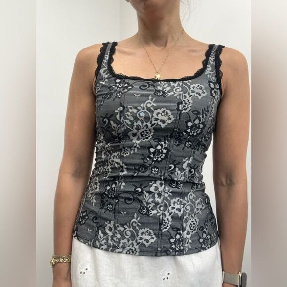 Y2K WHBM Gray Baroque Floral Corset Fitted Tank Lace Trim Cami Size S - Picture 3 of 9